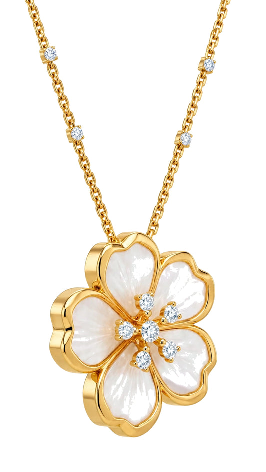 18K Gold Mother of Pearl Flower Pendant Necklace.
