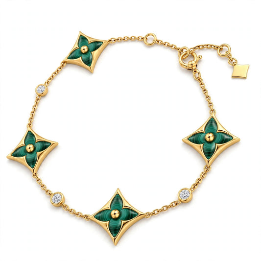 Handmade Malachite Clover Bracelet In Yellow Gold