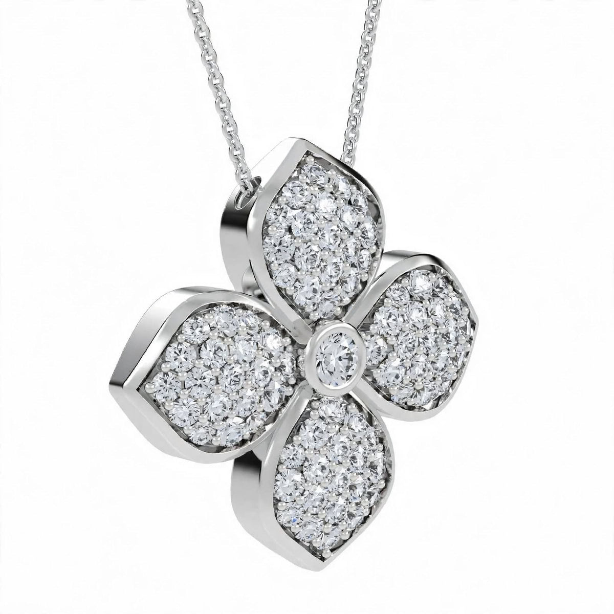 18K Yellow Gold Pavé Diamond Four-Petal Flower Pendant Necklace