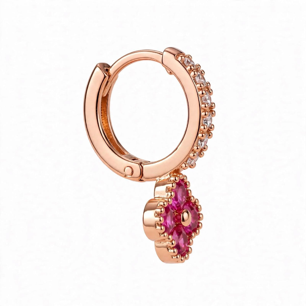 925 Sterling Silver Pink Ruby Clover Huggie Hoop Earrings