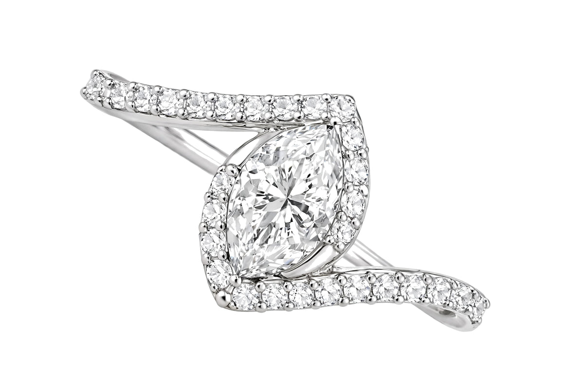 14K Yellow Gold Marquise Diamond Bypass Engagement Ring with Pavé Halo.