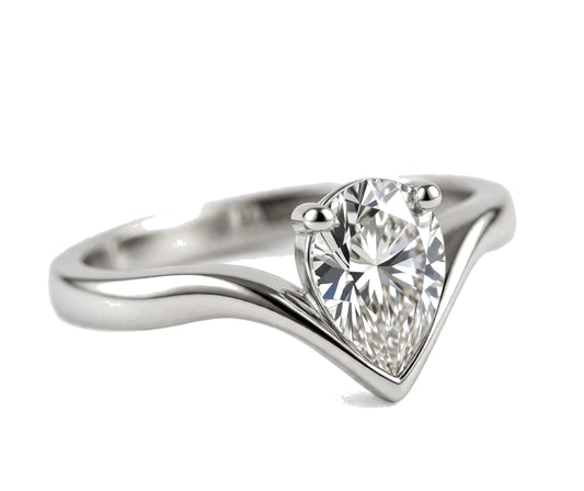V-shaped pear-cut solitaire engagement ring.
