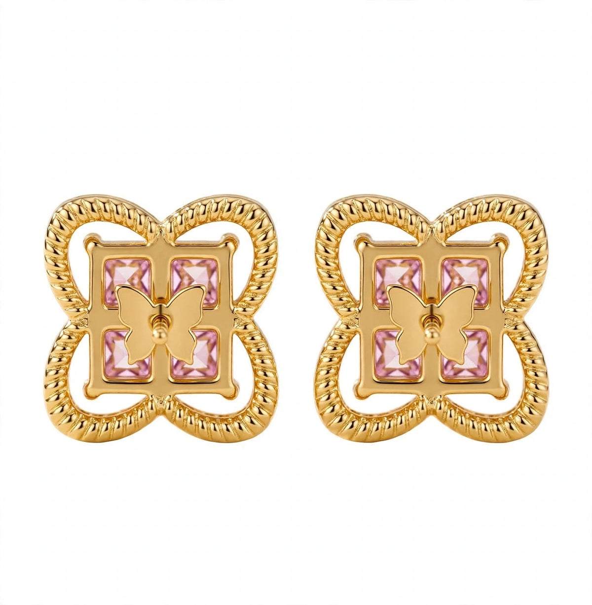 Princess-Cut Pink Gemstone Four-Leaf Clover Ear Studs