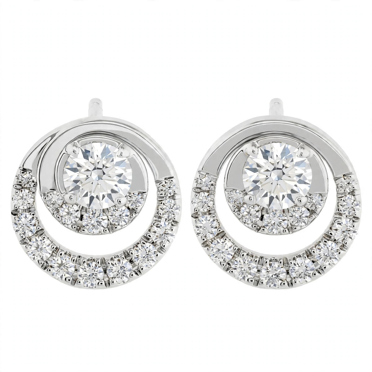 14K Yellow Gold Round Diamond Double Circle Stud Earrings