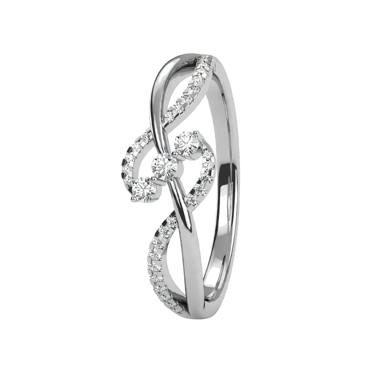 14K Yellow Gold Infinity Twist Three Stone Bypass Diamond Ring.