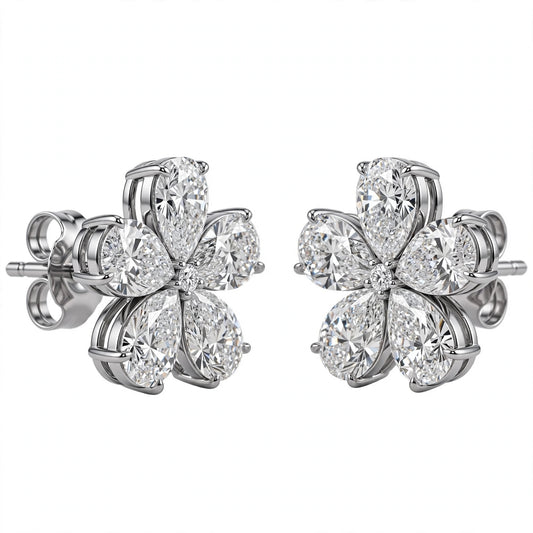 14K White Gold Pear-Shaped Diamond Flower Cluster Stud Earrings