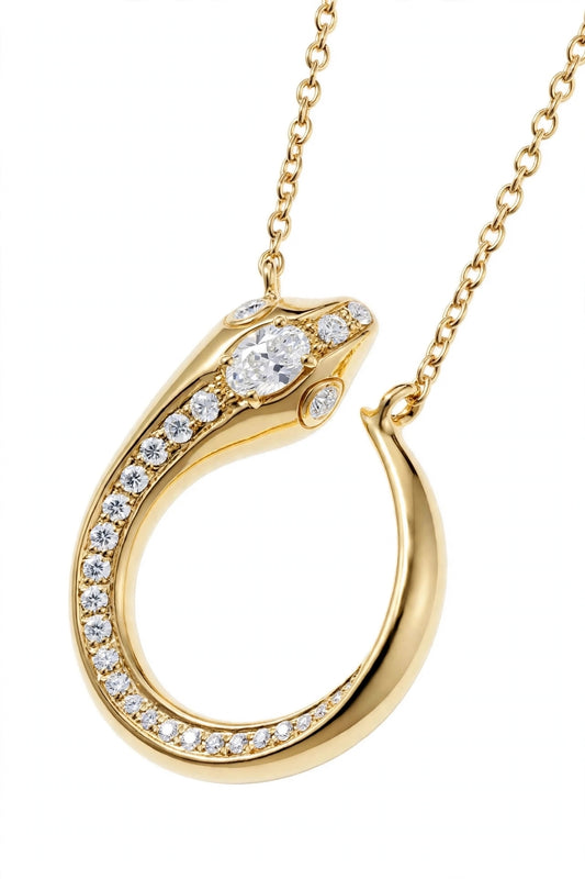 14K Gold Serpent Open Circle Pendant Necklace.