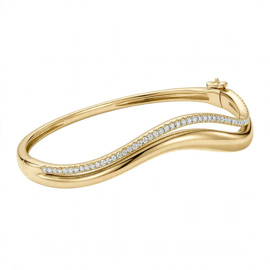 14K Yellow Gold Double Wave Pavé Diamond Bangle Bracelet