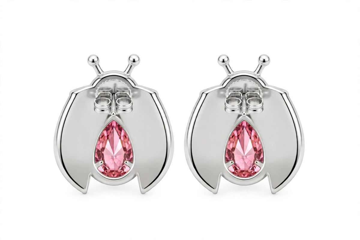 14K Gold Ladybug Stud Earrings with Pear-Cut Pink Zirconia & Crystal Eyes.