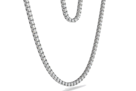 18K white Gold Diamond tennis necklace featuring a continuous, shimmering strand of uniform, prong-set round stones set in a silver chain.