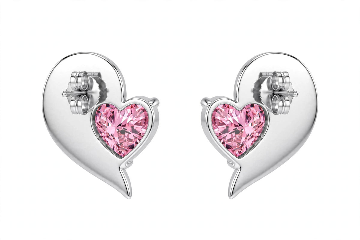 925 Sterling Silver Pink Heart Stud Earrings | Pavé Crystal Jewelry.