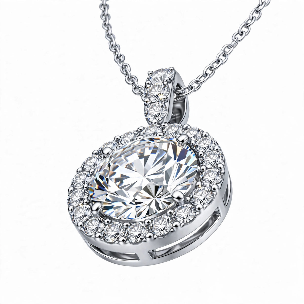 14K White Gold Round Brilliant Diamond Halo Pendant Necklace