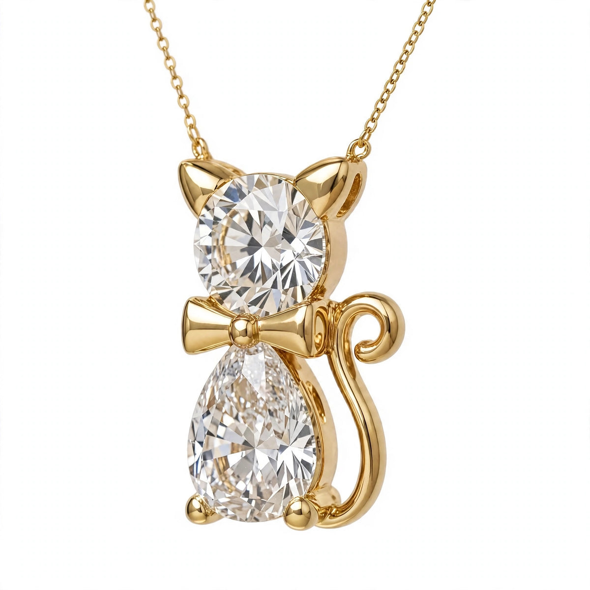 18K Yellow Gold Two-Stone Cat Pendant Necklace