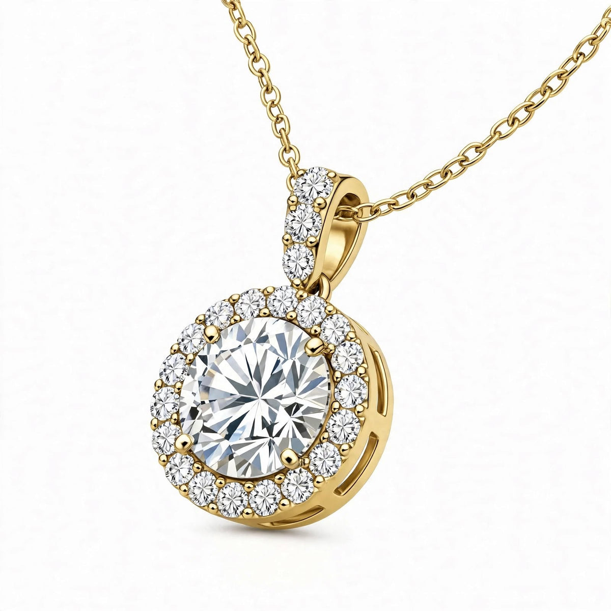 14K White Gold Round Brilliant Diamond Halo Pendant Necklace