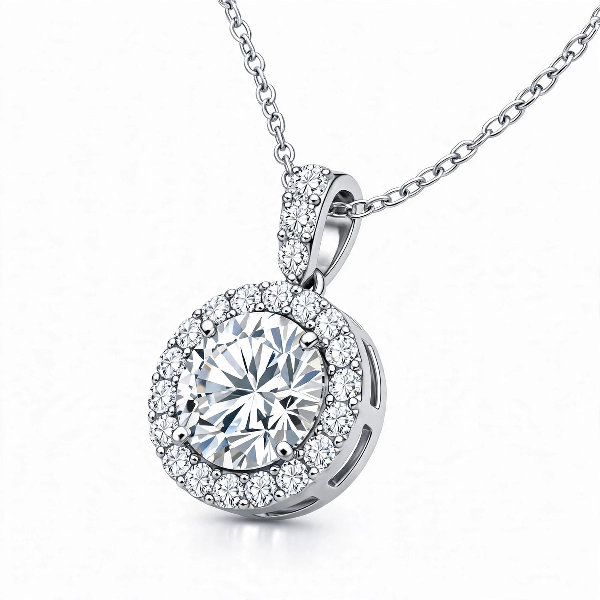 14K White Gold Round Brilliant Diamond Halo Pendant Necklace