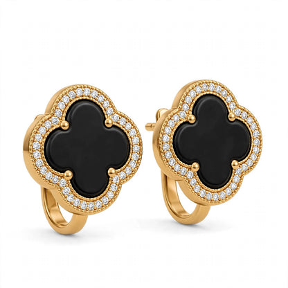 18K Yellow Gold Black Onyx Clover Stud Earrings With Crystal Halo