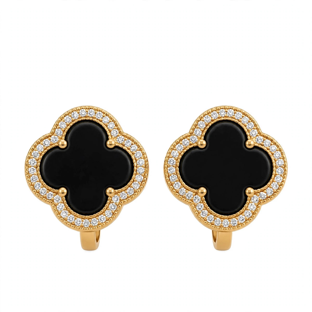 18K Yellow Gold Black Onyx Clover Stud Earrings With Crystal Halo