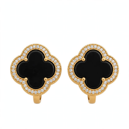 18K Yellow Gold Black Onyx Clover Stud Earrings With Crystal Halo