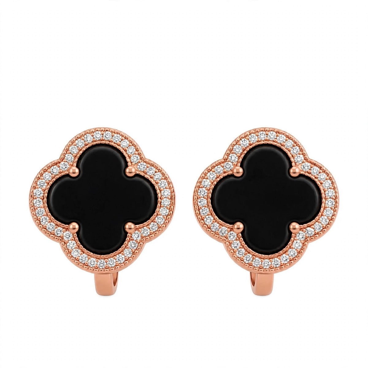 18K Yellow Gold Black Onyx Clover Stud Earrings With Crystal Halo