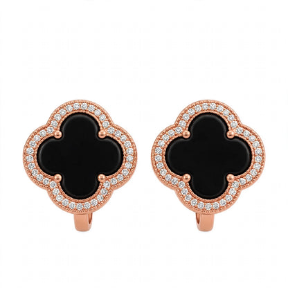 18K Yellow Gold Black Onyx Clover Stud Earrings With Crystal Halo