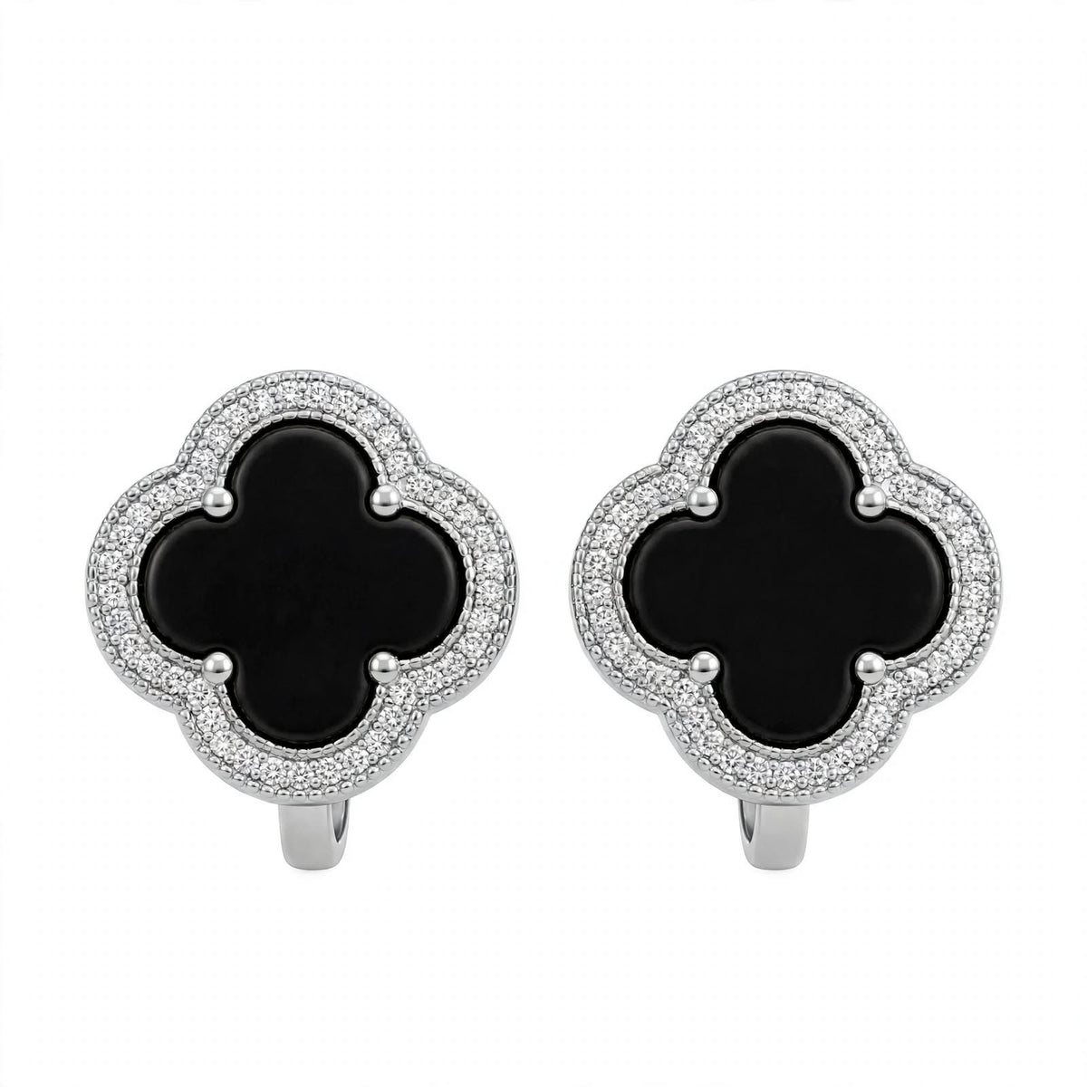18K Yellow Gold Black Onyx Clover Stud Earrings With Crystal Halo