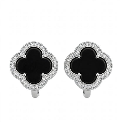 18K Yellow Gold Black Onyx Clover Stud Earrings With Crystal Halo