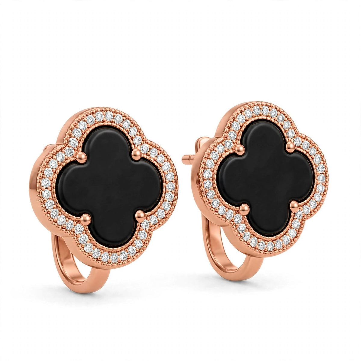 18K Yellow Gold Black Onyx Clover Stud Earrings With Crystal Halo
