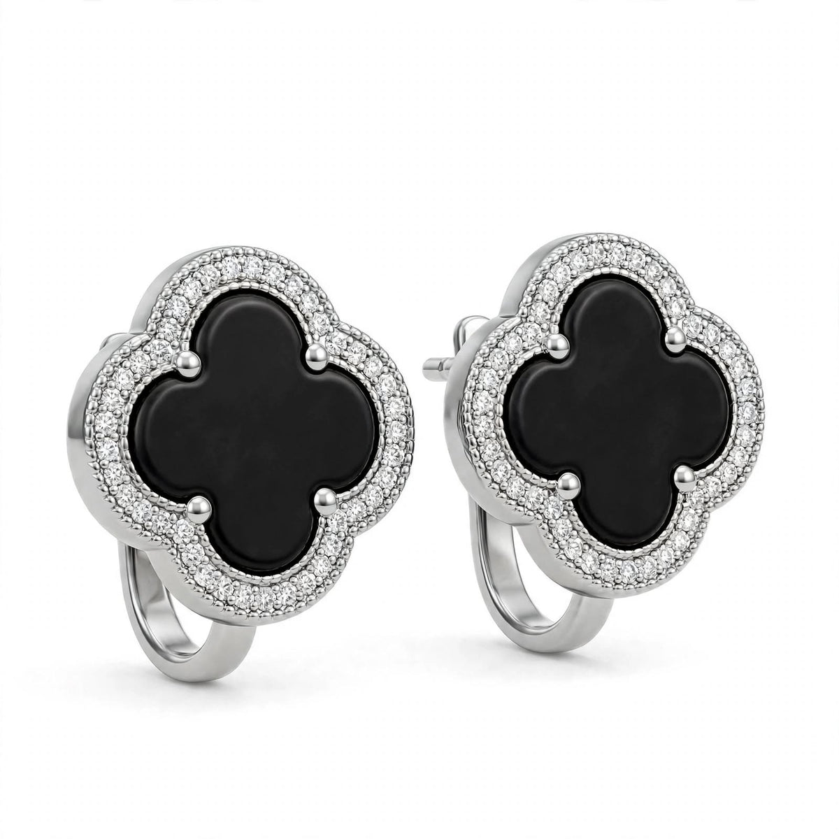 18K Yellow Gold Black Onyx Clover Stud Earrings With Crystal Halo