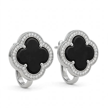 18K Yellow Gold Black Onyx Clover Stud Earrings With Crystal Halo