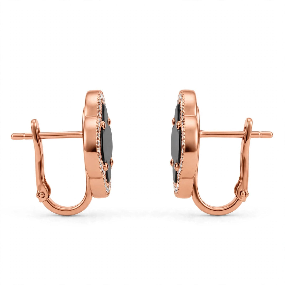 18K Yellow Gold Black Onyx Clover Stud Earrings With Crystal Halo