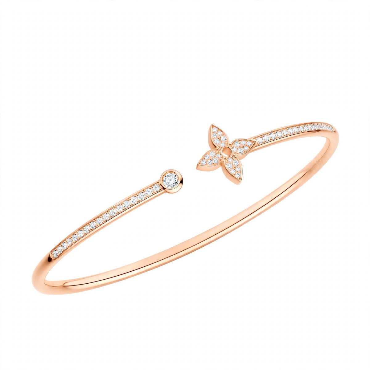 18K Rose Gold Idylle Blossom Monogram Flower Open Cuff Bangle – Pavé Diamond Flex Bracelet