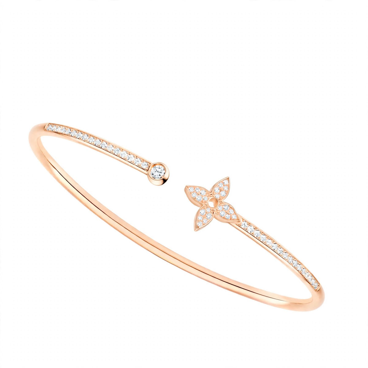18K Rose Gold Idylle Blossom Monogram Flower Open Cuff Bangle – Pavé Diamond Flex Bracelet