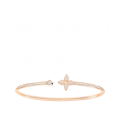 18K Rose Gold Idylle Blossom Monogram Flower Open Cuff Bangle – Pavé Diamond Flex Bracelet