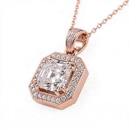 Asscher Cut Halo Solitaire Pendant Necklace.