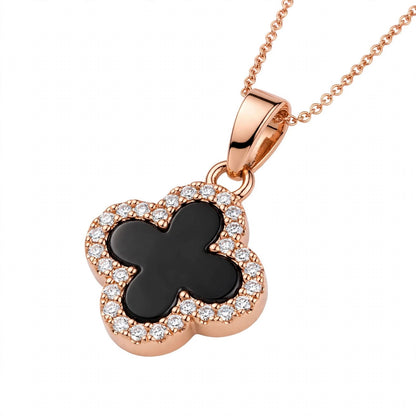 14K Gold Black Onyx Clover Pendant Necklace With Diamond Halo