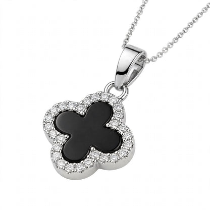 14K Gold Black Onyx Clover Pendant Necklace With Diamond Halo