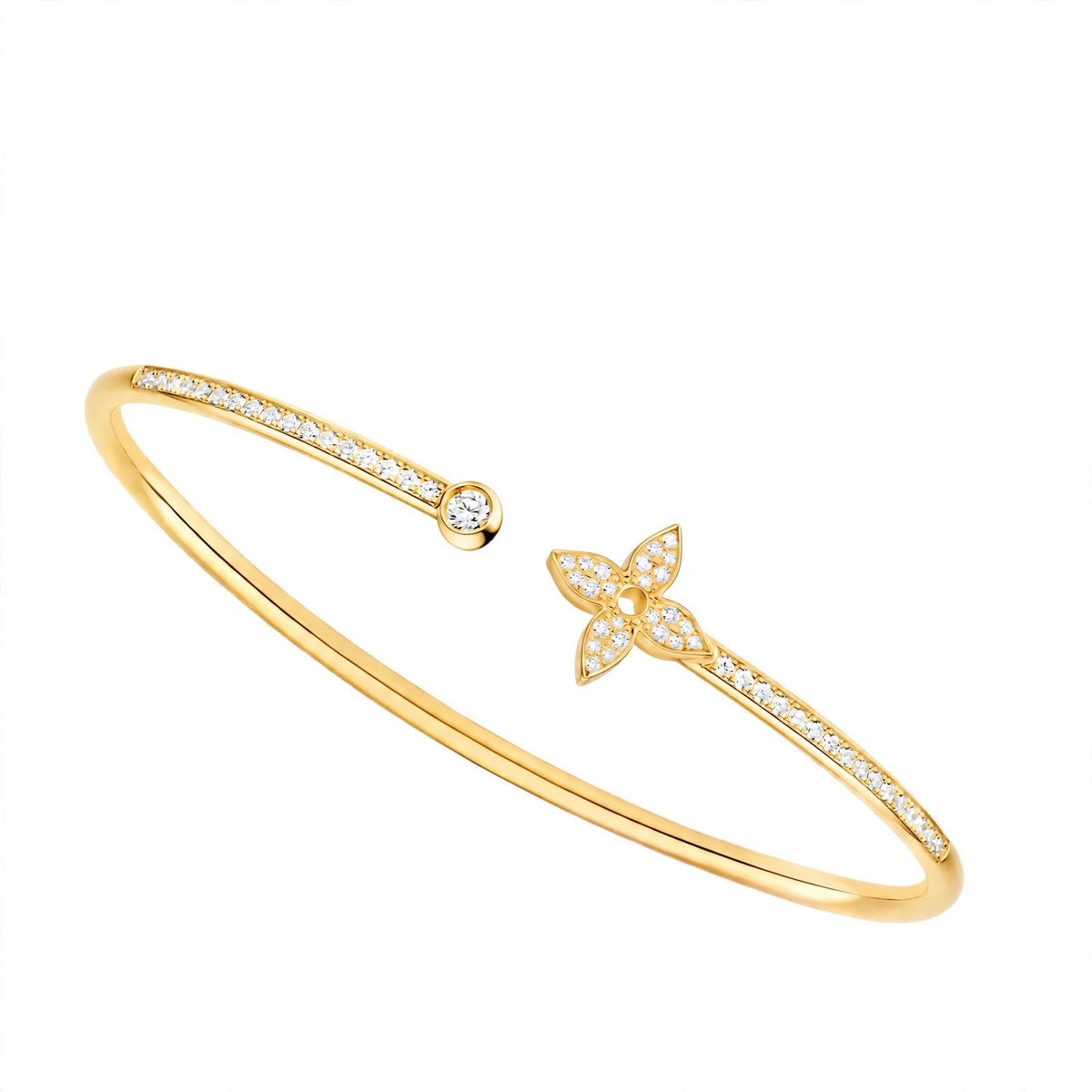 18K Rose Gold Idylle Blossom Monogram Flower Open Cuff Bangle – Pavé Diamond Flex Bracelet