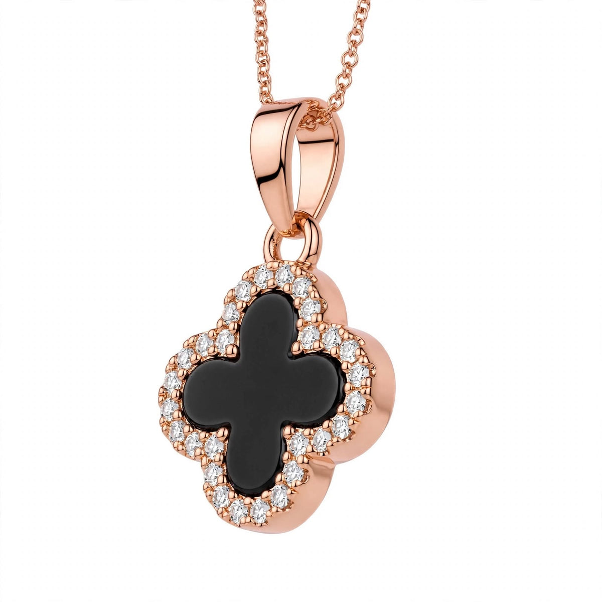 14K Gold Black Onyx Clover Pendant Necklace With Diamond Halo