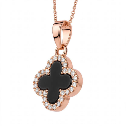 14K Gold Black Onyx Clover Pendant Necklace With Diamond Halo