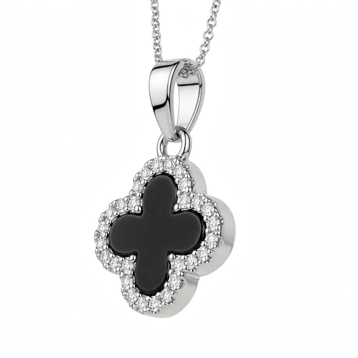 14K Gold Black Onyx Clover Pendant Necklace With Diamond Halo