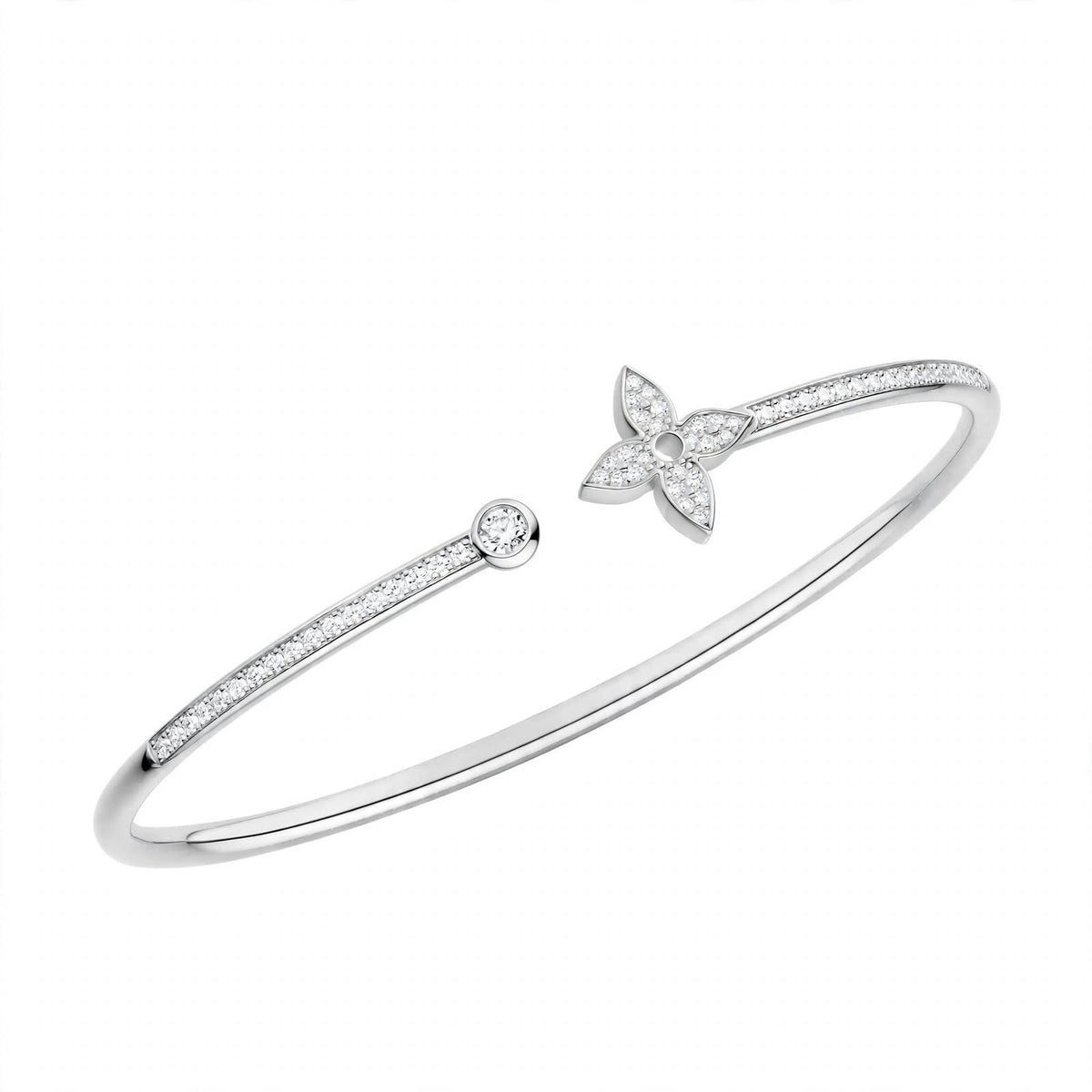 18K Rose Gold Idylle Blossom Monogram Flower Open Cuff Bangle – Pavé Diamond Flex Bracelet