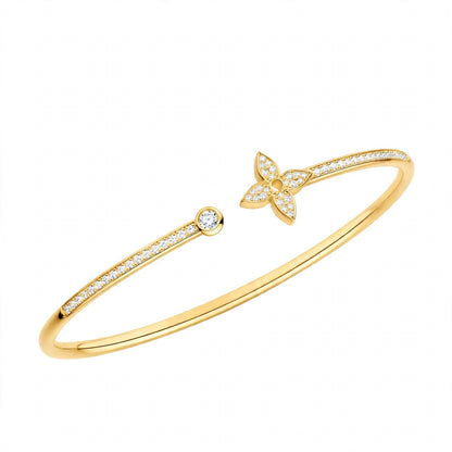 18K Rose Gold Idylle Blossom Monogram Flower Open Cuff Bangle – Pavé Diamond Flex Bracelet