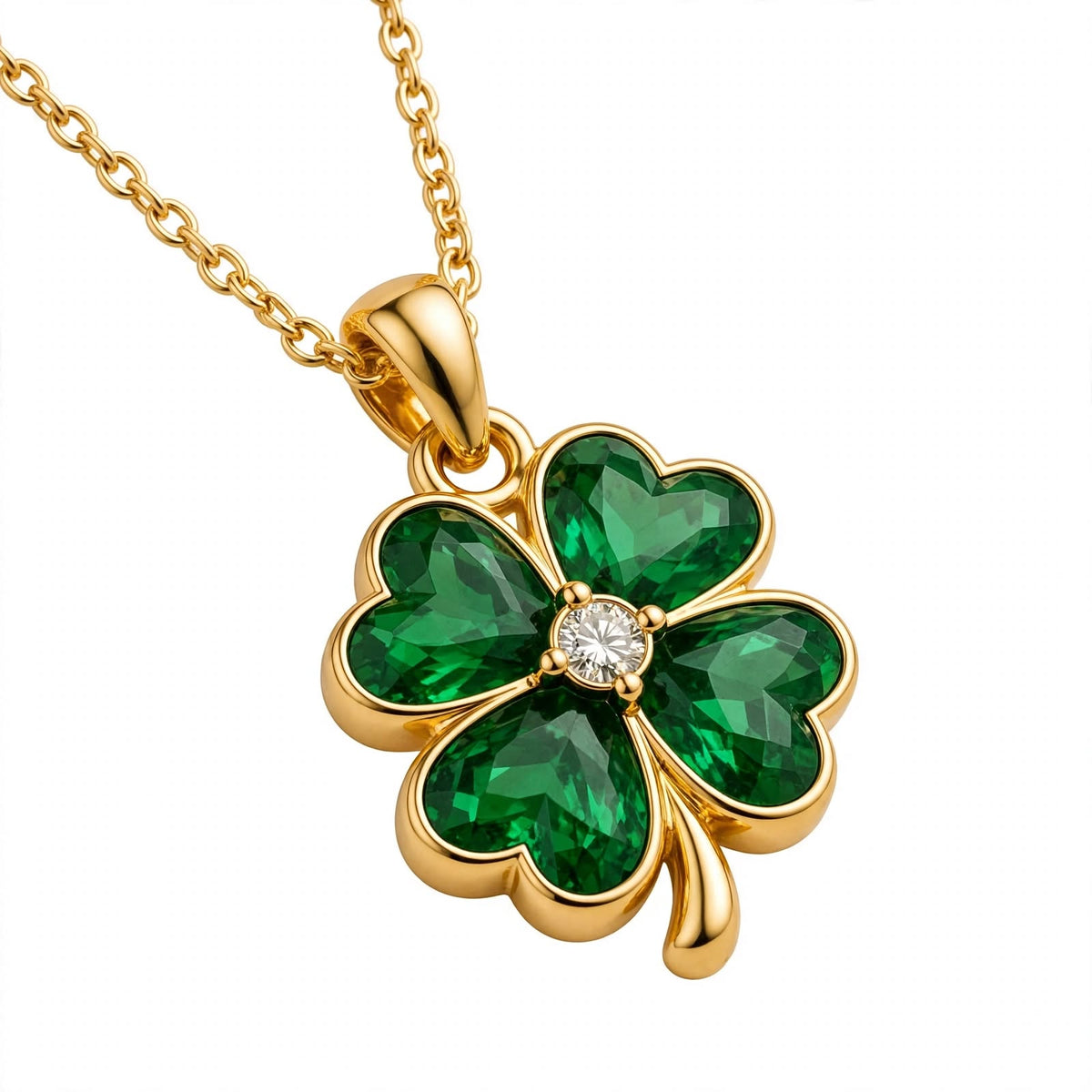 14K Gold Four Leaf Clover Emerald Green Crystal Pendant Necklace