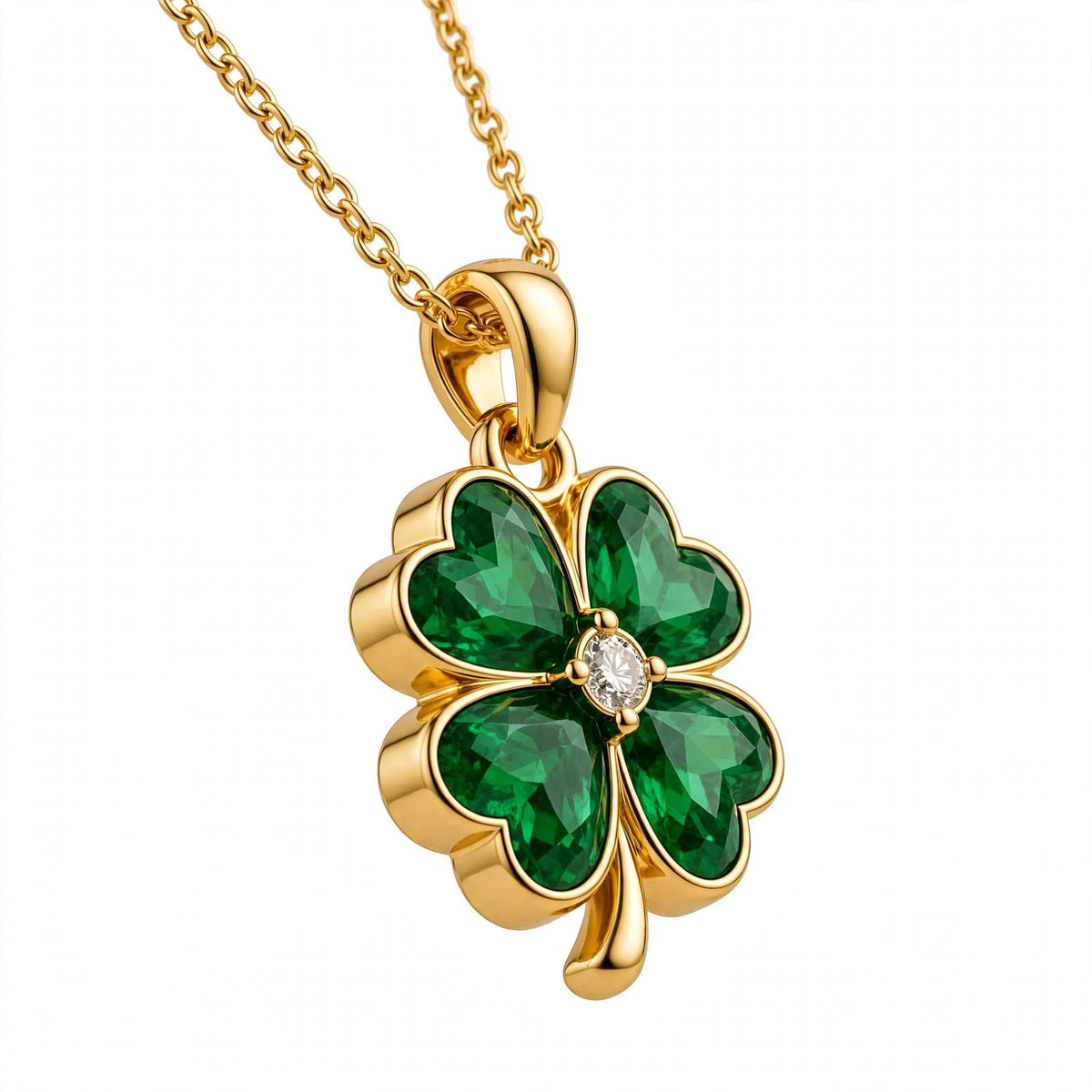 14K Gold Four Leaf Clover Emerald Green Crystal Pendant Necklace