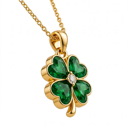 14K Gold Four Leaf Clover Emerald Green Crystal Pendant Necklace