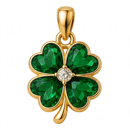 14K Gold Four Leaf Clover Emerald Green Crystal Pendant Necklace