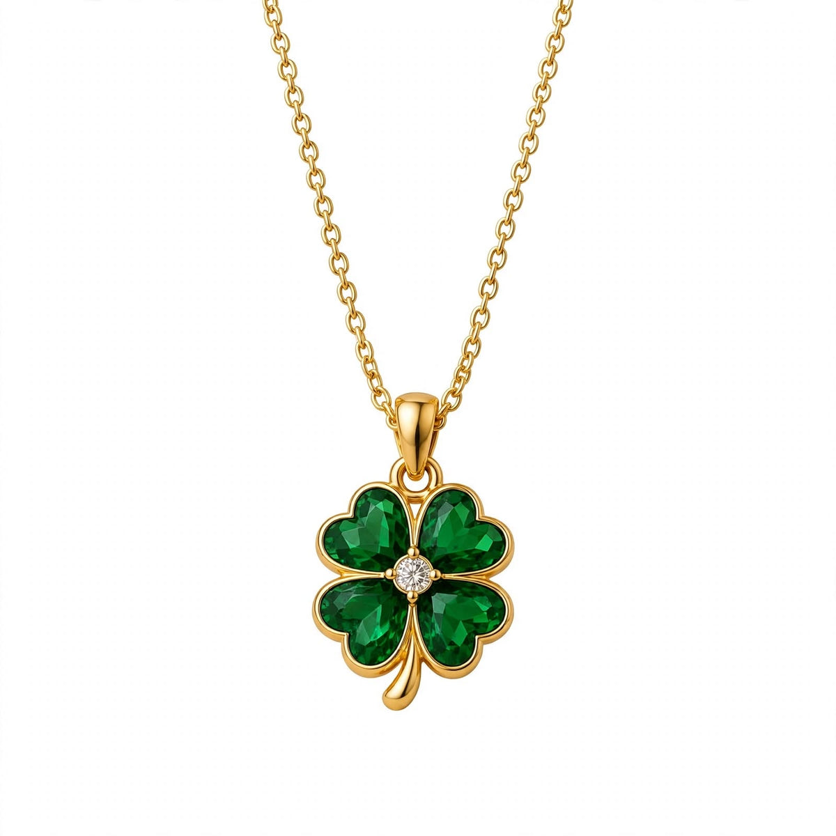 14K Gold Four Leaf Clover Emerald Green Crystal Pendant Necklace