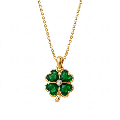 14K Gold Four Leaf Clover Emerald Green Crystal Pendant Necklace