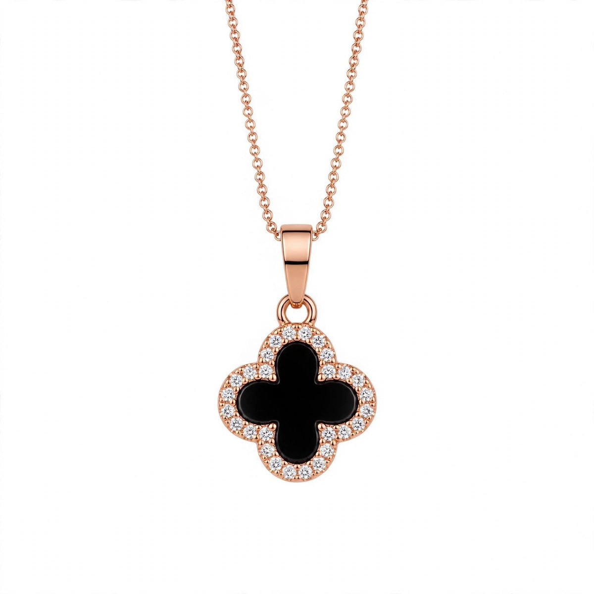 14K Gold Black Onyx Clover Pendant Necklace With Diamond Halo