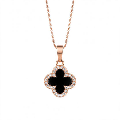 14K Gold Black Onyx Clover Pendant Necklace With Diamond Halo